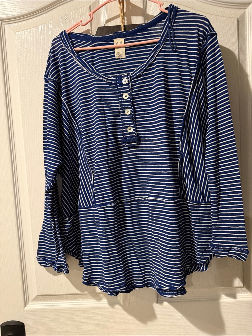 Striped Navy & White Henley Top we the free size small